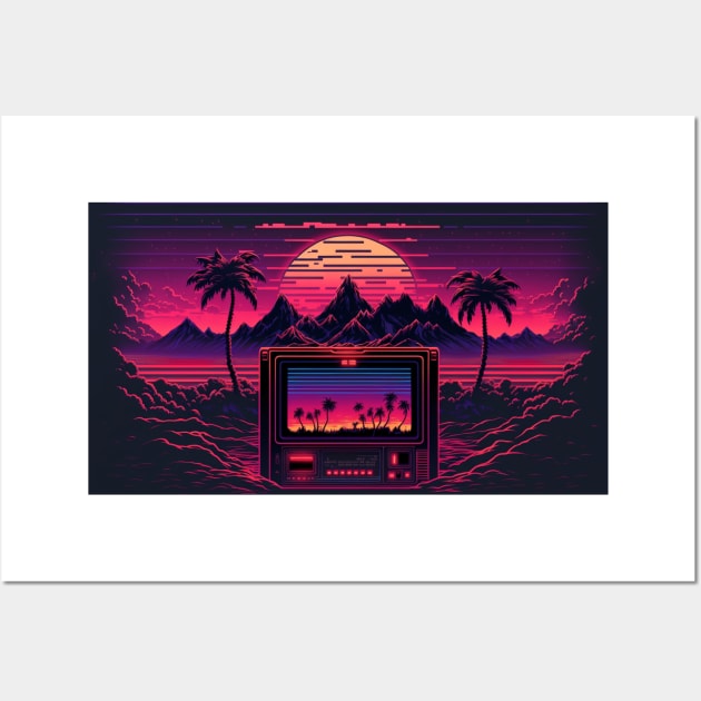 80s Gaming Console Mountains And Synthwave Sun Wall Art by Nightarcade